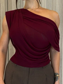 Shopreo Autumn/Winter Solid Brown/Coffee Off-Shoulder Ruched Fitted Elegant Bodysuit, Fitted Elegant Slim Bodysuit, Draped Top - Maroon - View 4