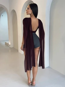 Shopreo Burgundy Round Neck Ribbon Fitted Bodysuit For Women, Suitable For Graduation Party, Formal Occasions, Cocktail Party, Romantic Date, Autumn/Winter Base Layer, Party, Nightclub, Formal Gathering, Going Out At Night, - Burgundy - View 2