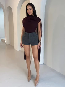 Shopreo Burgundy Round Neck Ribbon Fitted Bodysuit For Women, Suitable For Graduation Party, Formal Occasions, Cocktail Party, Romantic Date, Autumn/Winter Base Layer, Party, Nightclub, Formal Gathering, Going Out At Night, - Burgundy - View 3