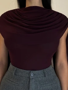 Shopreo Burgundy Round Neck Ribbon Fitted Bodysuit For Women, Suitable For Graduation Party, Formal Occasions, Cocktail Party, Romantic Date, Autumn/Winter Base Layer, Party, Nightclub, Formal Gathering, Going Out At Night, - Burgundy - View 5