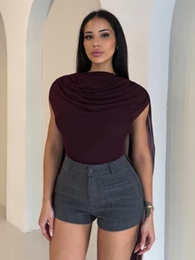 Shopreo Burgundy Round Neck Ribbon Fitted Bodysuit For Women, Suitable For Graduation Party, Formal Occasions, Cocktail Party, Romantic Date, Autumn/Winter Base Layer, Party, Nightclub, Formal Gathering, Going Out At Night, - Burgundy - View 4