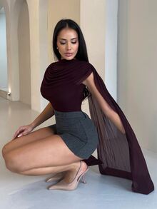 Shopreo Burgundy Round Neck Ribbon Fitted Bodysuit For Women, Suitable For Graduation Party, Formal Occasions, Cocktail Party, Romantic Date, Autumn/Winter Base Layer, Party, Nightclub, Formal Gathering, Going Out At Night, - Burgundy - View 1