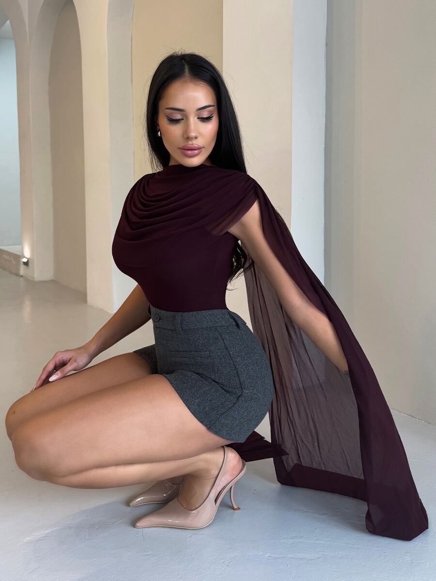 Shopreo Burgundy Round Neck Ribbon Fitted Bodysuit For Women, Suitable For Graduation Party, Formal Occasions, Cocktail Party, Romantic Date, Autumn/Winter Base Layer, Party, Nightclub, Formal Gathering, Going Out At Night, - Burgundy - View 1