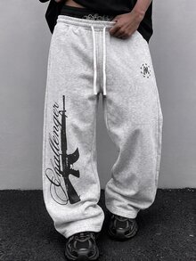 ROMWE MEN Men's Gun Print Double Waistband Loose Sweatpants - Grey - View 7