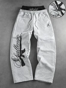 ROMWE MEN Men's Gun Print Double Waistband Loose Sweatpants - Grey - View 1