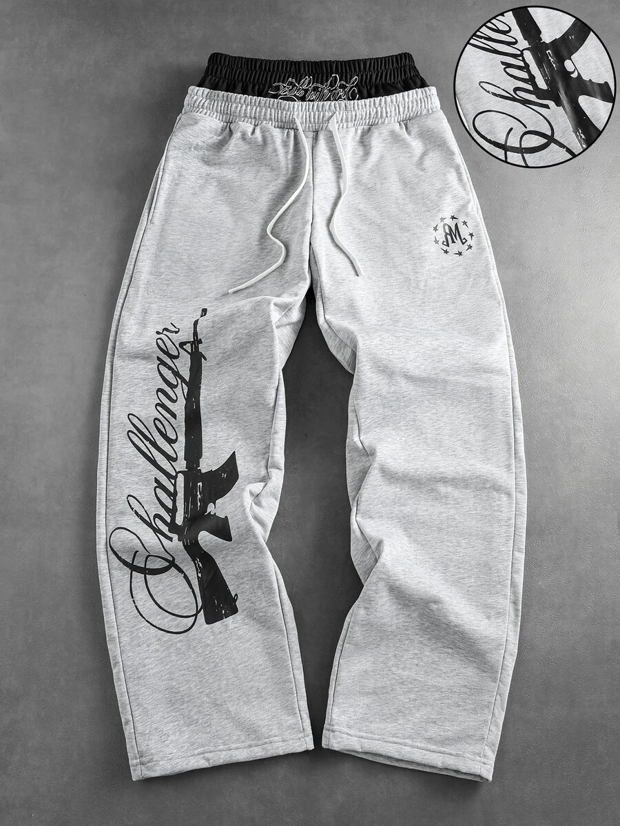 ROMWE MEN Men's Gun Print Double Waistband Loose Sweatpants - Grey - View 1