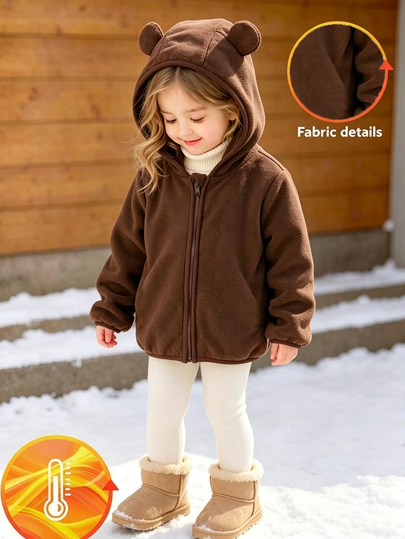 Baby Mädchen Lässig einfarbige Fleece gefütterte Kapuzenjacke mit Reißverschluss, Braun Kaffeefarbe, warm und bequem klassische Farbe, geeignet für Herbst/Winter, tägliche Outdoor-Reisen, Schulanfang, Weihnachten, Halloween, süßes Cartoon-Top