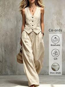 Glimmora Women's Versatile Button Vest And Loose Pocket Pants 2 Pieces Set - Khaki - View 3