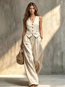 Glimmora Women's Versatile Button Vest And Loose Pocket Pants 2 Pieces Set - Khaki - View 1