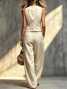 Glimmora Women's Versatile Button Vest And Loose Pocket Pants 2 Pieces Set - Khaki - View 2