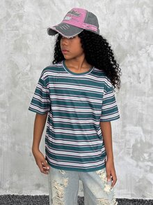青少年女孩休閒條紋短袖T恤，夏季上衣 - 粉色 - 查看 3