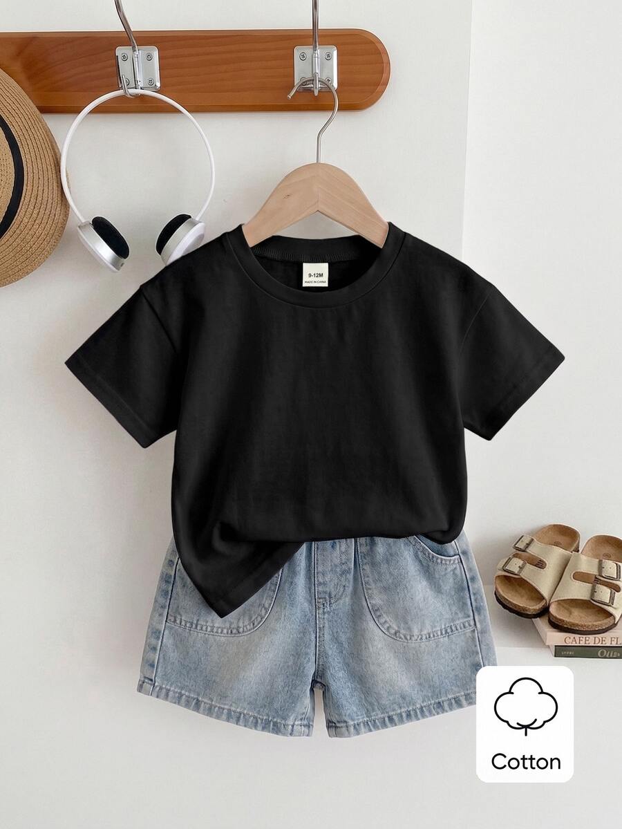 SHEIN 6M-3T 幼童兒童純棉圓領黑色T恤 中性款 夏季休閒度假必備上衣 柔軟百搭簡約設計 適合日常穿著與上學 - 黑色 - 查看 1