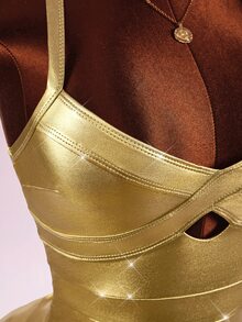Amplova Women's Mini Bandage Dress, Shiny Metallic Color, Halter Neck, Backless, Sexy Bodycon Party Dress, Autumn/Winter - Gold - View 12
