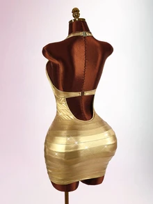 Amplova Women's Mini Bandage Dress, Shiny Metallic Color, Halter Neck, Backless, Sexy Bodycon Party Dress, Autumn/Winter - Gold - View 14