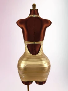 Amplova Women's Mini Bandage Dress, Shiny Metallic Color, Halter Neck, Backless, Sexy Bodycon Party Dress, Autumn/Winter - Gold - View 7