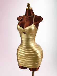 Amplova Women's Mini Bandage Dress, Shiny Metallic Color, Halter Neck, Backless, Sexy Bodycon Party Dress, Autumn/Winter - Gold - View 8