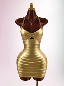 Amplova Women's Mini Bandage Dress, Shiny Metallic Color, Halter Neck, Backless, Sexy Bodycon Party Dress, Autumn/Winter - Gold - View 6