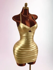 Amplova Women's Mini Bandage Dress, Shiny Metallic Color, Halter Neck, Backless, Sexy Bodycon Party Dress, Autumn/Winter - Gold - View 9