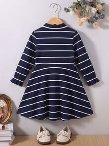 SHEIN Elladie kids 女童針織荷葉邊拼接洋裝，優雅風，長袖迷你裙，秋季新款返校穿搭，海軍藍與白色條紋 - 藏蓝色 - 查看 6