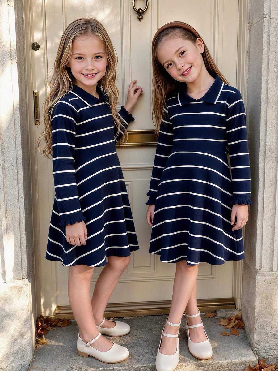 SHEIN Elladie kids Young Girls Knit Ruffle Patchwork Dresses, Robe Chic, Long Sleeve, Mini Skirt, New Fall Looks, Back To School Navy Blue And White Stripes - Navy Blue - View 1