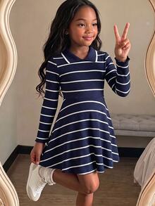 SHEIN Elladie kids 女童針織荷葉邊拼接洋裝，優雅風，長袖迷你裙，秋季新款返校穿搭，海軍藍與白色條紋 - 藏蓝色 - 查看 4