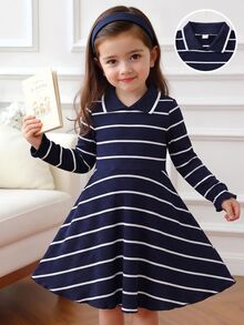 SHEIN Elladie kids 女童針織荷葉邊拼接洋裝，優雅風，長袖迷你裙，秋季新款返校穿搭，海軍藍與白色條紋 - 藏蓝色 - 查看 8