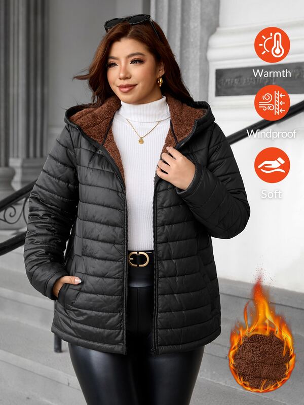 Reflora Plus Size Women's Solid Color Long Sleeve Zipper Front Casual Hooded Winter Jacket