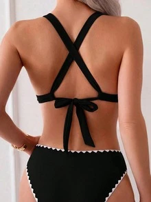 Bonvoyette Contrast Trim Two Pieces Swimwear Set - Black - View 2