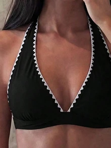 Bonvoyette Contrast Trim Two Pieces Swimwear Set - Black - View 3