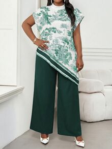 SHEIN Lady 時尚大尺碼淺綠色短袖印花立領上衣，獨特下擺設計，正式晚宴茶會夏季優雅風 - 綠色 - 查看 5
