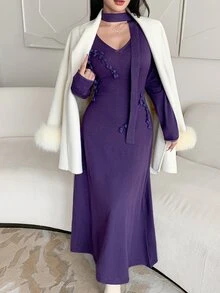 Feyla Women's 3D Floral Decor Knitted Dress - Purple - View 5