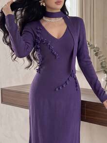 Feyla Women's 3D Floral Decor Knitted Dress - Purple - View 1