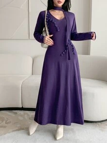 Feyla Women's 3D Floral Decor Knitted Dress - Purple - View 3