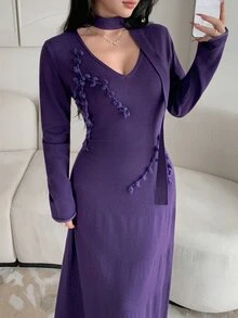 Feyla Women's 3D Floral Decor Knitted Dress - Purple - View 7