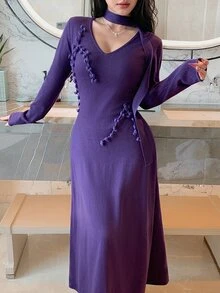 Feyla Women's 3D Floral Decor Knitted Dress - Purple - View 6