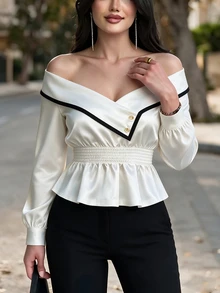 SHEIN Women's Autumn New Ruffle Long Sleeve Waist-Cinching Ruffle Hem Contrast Color Top, Black And White Party Brunch Tea Party French Elegant - White - View 1
