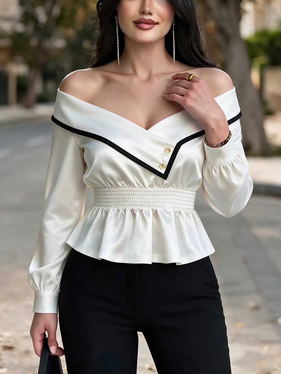 SHEIN Women's Autumn New Ruffle Long Sleeve Waist-Cinching Ruffle Hem Contrast Color Top, Black And White Party Brunch Tea Party French Elegant - White - View 1