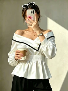 SHEIN Women's Autumn New Ruffle Long Sleeve Waist-Cinching Ruffle Hem Contrast Color Top, Black And White Party Brunch Tea Party French Elegant - White - View 3