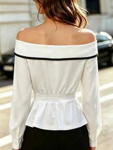 SHEIN Women's Autumn New Ruffle Long Sleeve Waist-Cinching Ruffle Hem Contrast Color Top, Black And White Party Brunch Tea Party French Elegant - White - View 2