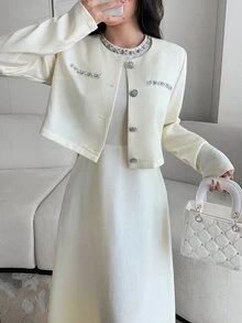 Feyla Women's Faux Pearl Decor Jacket And Sleeveless Dress Elegant 2-Piece Set - Apricot - View 7