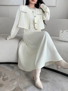 Feyla Women's Faux Pearl Decor Jacket And Sleeveless Dress Elegant 2-Piece Set - Apricot - View 8