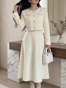 Feyla Women's Faux Pearl Decor Jacket And Sleeveless Dress Elegant 2-Piece Set - Apricot - View 2