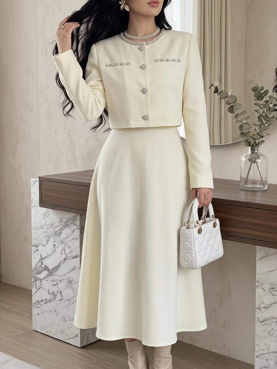 Feyla Women's Faux Pearl Decor Jacket And Sleeveless Dress Elegant 2-Piece Set