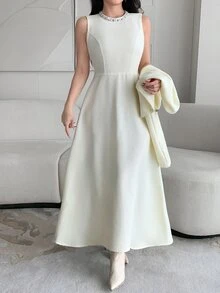Feyla Women's Faux Pearl Decor Jacket And Sleeveless Dress Elegant 2-Piece Set - Apricot - View 9