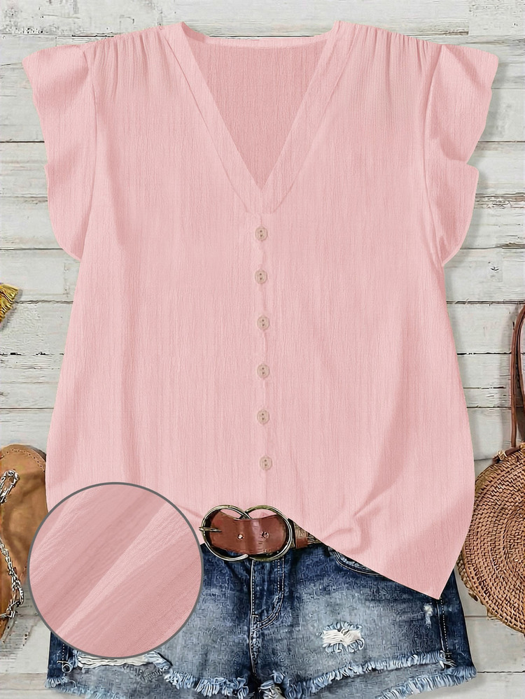 EMERY ROSE Plus Size Casual Minimalist Button V-Neck Shirt With Ruffle Cuffs - Baby Pink - View 6