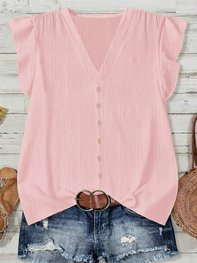EMERY ROSE Plus Size Casual Minimalist Button V-Neck Shirt With Ruffle Cuffs - Baby Pink - View 5