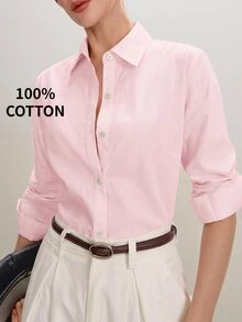 SHEIN PETITE CURVE 大尺碼女款純色長袖單排扣休閒基本款簡約襯衫，適合秋季辦公室、早午餐、正式工作場合，粉紅色 - 粉色 - 查看 8