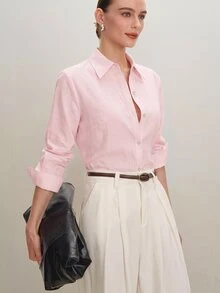 SHEIN PETITE CURVE 大尺碼女款純色長袖單排扣休閒基本款簡約襯衫，適合秋季辦公室、早午餐、正式工作場合，粉紅色 - 粉色 - 查看 2