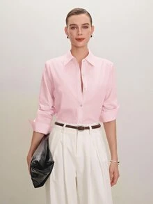 SHEIN PETITE CURVE 大尺碼女款純色長袖單排扣休閒基本款簡約襯衫，適合秋季辦公室、早午餐、正式工作場合，粉紅色 - 粉色 - 查看 7