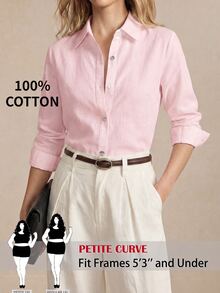SHEIN PETITE CURVE 大尺碼女款純色長袖單排扣休閒基本款簡約襯衫，適合秋季辦公室、早午餐、正式工作場合，粉紅色 - 粉色 - 查看 1